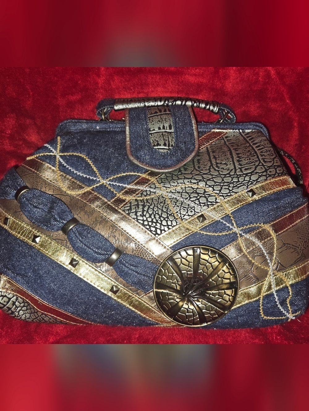 Unbranded Vintage Denim w/Metallic Gold/Bronze & Studs Accents Bag